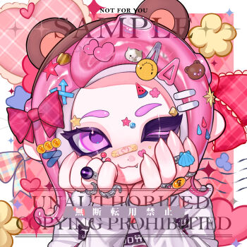 Rule 34 | 1girl, ;3, animal ear hairband, animal ears, bandaid, bandaid on face, bear ears, bear hair ornament, bow, brown hairband, cat hair ornament, closed mouth, fake animal ears, fang, fang out, hair bow, hair ornament, hairband, hairclip, hands on own cheeks, hands on own face, heart, heart hair ornament, highres, jewelry, long sleeves, looking at viewer, medium hair, nezumi (tuboshu2013), nintendo, octoling, octoling girl, octoling player character, one eye closed, parted bangs, pink bow, pink hair, plaid bow, portrait, purple eyes, ring, sample watermark, shirt, smile, solo, splatoon (series), star (symbol), star hair ornament, star sticker, sticker, sticker on face, tentacle hair, watermark, white shirt, x hair ornament