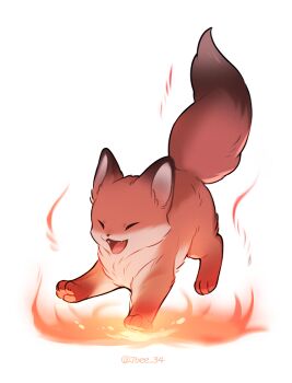 :d animal animal_focus baby_animal closed_eyes commentary_request fangs fire fluffy fox full_body jbee_34 korean_commentary no_humans open_mouth original pawpads simple_background smile solo white_background