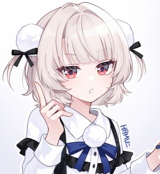 1girl artist_name blue_bow blue_bowtie blunt_bangs bow bowtie cellphone collared_shirt dress_shirt gradient_background grey_background hamu_(rz_1023) holding holding_phone index_finger_raised light_blush long_sleeves o_henji_madakana_ojisan_koubun_(voisona) open_mouth outline phone pom_pom_(clothes) pom_pom_brooch red_eyes shirt short_hair side_part simple_background smartphone solo suspenders two_side_up ui_(voisona) upper_body voisona white_outline white_shirt