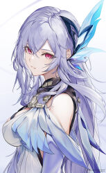 Rule 34 | 1girl, bare shoulders, breasts, butterfly hair ornament, commentary request, crossed bangs, detached sleeves, dress, genshin impact, gradient sleeves, grey hair, hair ornament, highres, large breasts, long hair, marumoru, parted lips, pink eyes, purple hair, purple sleeves, skirk (genshin impact), slit pupils, solo, upper body, white background
