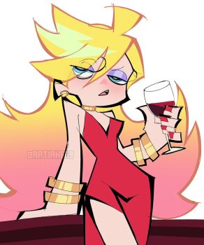 1girl artiah669 blonde_hair blue_eyes blush bracelet breasts dress gold_bracelet jewelry long_hair medium_breasts panty_&amp;_stocking_with_garterbelt panty_(psg) red_dress solo