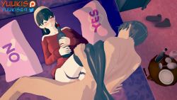 1boy 1girl 3d animated bed bedroom black_hair blush bottle clothed_female_nude_male crossover drunk hairband hetero ichiban_ushiro_no_daimaou nude on_bed penis pillow sai_akuto sex solo_focus spy_x_family uncensored video yor_briar yuukis