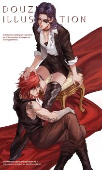 2girls arcane:_league_of_legends arcane_caitlyn arcane_vi arm_on_another&#039;s_leg arm_rest bandaged_arm bandages black_boots black_choker black_jacket black_shirt black_shoes boots bra bra_peek breasts brown_pants caitlyn_(league_of_legends) chinese_commentary choker cleavage closed_mouth commentary_request eyepatch hand_on_another&#039;s_head highres hooded_shirt jacket jewelry lapels league_of_legends looking_at_viewer medium_hair multiple_girls necklace notched_lapels open_clothes open_jacket pants purple_hair red_hair red_lips rennerdouz shirt shoes sitting sleeveless sleeveless_shirt tattoo thigh_boots underwear vi_(league_of_legends) white_shirt