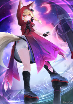 1girl animal_ear_fluff animal_ears arknights arknights:_endfield ass black_gloves blonde_hair cloak commentary_request crescent_moon ears_through_headwear fingerless_gloves gloves highres hood hood_up hooded_cloak lifted_by_tail long_hair looking_at_viewer low-tied_sidelocks moon panties pantyshot red_cloak red_hood reflection reflective_liquid rossi_(arknights) sidelocks solo sword underwear weapon wolf_ears wolf_girl yeosi