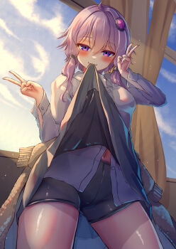 1girl :3 absurdres ahoge bike_shorts black_skirt blush breasts brown_jacket clothes_around_waist clothes_in_mouth clothes_lift collared_shirt commentary_request cowboy_shot double_v evening hair_intakes hair_ornament half-closed_eyes hatyomugi00 highres indoors jacket long_sleeves looking_at_viewer mouth_hold navel partial_commentary purple_eyes purple_hair school_uniform shirt shirt_tucked_in short_hair_with_long_locks skirt skirt_in_mouth skirt_lift small_breasts smug solo sweater sweater_around_waist v vocaloid voiceroid white_shirt yuzuki_yukari