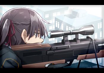 bipod bolt_action bullpup closed_mouth collared_shirt girls&#039;_frontline gun highres long_hair looking_through_scope necktie non-web_source purple_hair red_necktie rifle scope shirt sniper_rifle trigger_discipline wa2000_(girls&#039;_frontline) walther walther_wa_2000 weapon xinhao