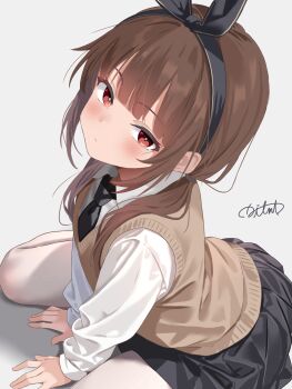 1girl absurdres black_skirt blush bow brown_eyes brown_hair brown_vest hair_bow hairband highres ikuma_yamashita necktie original pantyhose school_uniform signature sitting skirt vest wariza white_background white_pantyhose