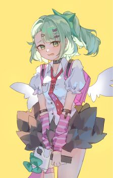 Rule 34 | 1girl, absurdres, arm warmers, black choker, choker, collared shirt, commentary request, cowboy shot, green eyes, green hair, hair ornament, highres, holding, holding megaphone, long hair, looking at viewer, megaphone, necktie, oxygen6111, pink bag, red necktie, shirt, short sleeves, simple background, solo, striped arm warmers, sunna (zenless zone zero), white shirt, white wings, winged bag, wings, yellow background, zenless zone zero