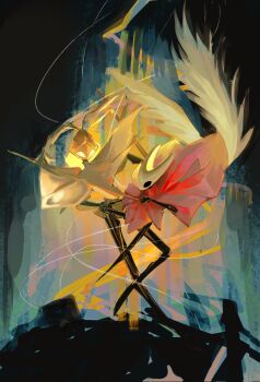 1girl 1other arthropod_girl black_skin cloak colored_skin commentary duel dynamic_pose english_commentary feathered_wings full_body highres hollow_eyes hollow_knight hollow_knight:_silksong horned_mask hornet_(hollow_knight) mask na_chloridee red_cloak second_sentinel_(hollow_knight) sketch white_cloak white_eyes white_mask white_wings wings