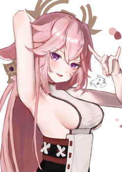 Rule 34 | 1girl, absurdres, animal ears, arm up, armpits, bare shoulders, blush, braid, breasts, commentary request, detached sleeves, floppy ears, fox, fox ears, fox shadow puppet, genshin impact, hair between eyes, hair ornament, highres, japanese clothes, jewelry, kimono, korean commentary, large breasts, long hair, looking at viewer, low-braided long hair, low-tied long hair, nontraditional miko, pink hair, purple eyes, purple kimono, sagak (sa4gak), sideboob, smile, solo, yae miko