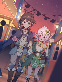 Rule 34 | 1boy, 1girl, :d, :t, antenna hair, bare shoulders, black boots, black hair, blue cloak, blue eyes, blue shirt, blush, boots, bridal gauntlets, building, candy, cloak, closed mouth, clothesline, coin purse, commentary request, detached sleeves, dress, feet out of frame, flower, food, food on face, green dress, grey hair, grey pants, hair between eyes, hair flower, hair ornament, highres, holding, holding candy, holding food, holding lollipop, knee boots, kokkoro (princess connect!), lamppost, laundry, lollipop, long sleeves, market stall, open mouth, outdoors, pants, people, pointy ears, princess connect!, puffy long sleeves, puffy sleeves, purple eyes, rakugakiraid, see-through clothes, see-through sleeves, shirt, silhouette, sky, sleeveless, sleeveless dress, smile, star (sky), starry sky, sunset, swirl lollipop, white flower, window, yuuki (princess connect!)