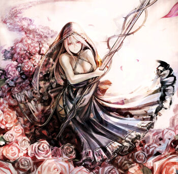 1girl albino back_bow bare_arms black_dress black_veil bow breasts cleavage commentary_request criss-cross_halter dress flower frilled_dress frills from_above hair_between_eyes halter_dress halterneck holding holding_staff large_breasts long_hair looking_at_viewer original pink_flower pink_petals red_eyes side_slit sidelocks sleeveless sleeveless_dress solo staff standing sushi_(sashimise) thorns too_many_flowers veil white_hair