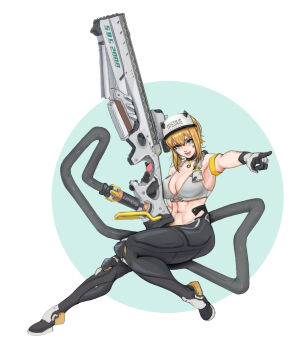 1girl abs armband armpits bandaid bandaid_on_cheek bandaid_on_face bare_shoulders black_choker black_gloves black_pants blonde_hair blue_eyes breasts choker cleavage clothes_writing collarbone commentary doni_zefironi ear_piercing earpiece full_body gloves goddess_of_victory:_nikke gun hair_between_eyes hat highres holding holding_gun holding_weapon large_breasts looking_at_viewer maxwell_(nikke) mechanical_tail midriff multiple_piercings navel open_mouth pants piercing pointing rifle short_hair short_hair_with_long_locks sidelocks smile sniper_rifle solo sports_bra tail teeth tomboy trigger_discipline two-tone_gloves visor_cap weapon white_gloves white_hat white_sports_bra yellow_armband