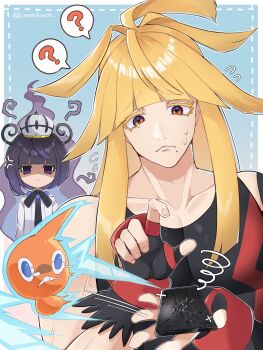 1boy 1girl 1other absurdres ahoge anger_vein angry black_hair black_shirt blonde_hair blue_background blunt_bangs bob_cut border broken brother_and_sister cellphone chandelure closed_mouth coat colored_eyelashes dress fire gen_4_pokemon gen_5_pokemon gloves gradient_hair gwynn_(pokemon) hat highres ivor_(pokemon) jitome koromokoron long_hair long_sleeves looking_at_another looking_at_object mega_stone mole mole_under_mouth multicolored_hair muscular nintendo open_clothes open_coat outside_border phone pokemon pokemon_legends:_z-a purple_eyes purple_fire purple_hair rotom scowl shirt short_hair siblings smartphone sweat tank_top teardrop twitter_username white_border white_coat