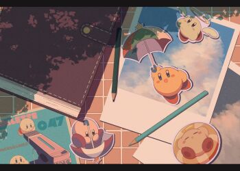 Rule 34 | 2-gou (181poyo), book, character sticker, clothes pin, colored pencil, commentary, cupid kirby, halo, highres, kirby, kirby (series), nintendo, no humans, parasol, parasol kirby, pencil, photo (object), polaroid photo, shadow, sticker, symbol-only commentary, tree shade, umbrella, wings