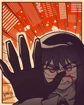 1girl absurdres akaiguarts artist_name black_gloves black_hair chainsaw_man clenched_teeth facial_scar gloves highres looking_at_viewer red_eyes ringed_eyes scar scar_on_cheek scar_on_face solo teeth yoru_(chainsaw_man)