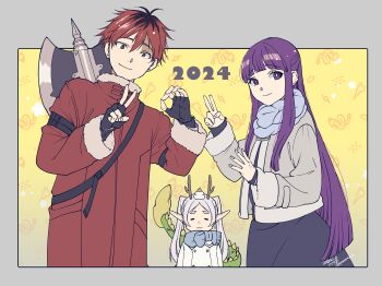 1boy 2024 2girls absurdres artist_name axe black_dress black_gloves black_roots blue_scarf blunt_bangs blunt_ends border chinese_zodiac closed_eyes closed_mouth coat commentary_request dated dragon_horns dragon_tail dress elf fern_(sousou_no_frieren) fingerless_gloves frieren fur-trimmed_coat fur_trim gloves grey_border grey_coat grey_hair hair_between_eyes half_updo highres horns light_smile long_hair multiple_girls parted_bangs pointy_ears purple_eyes purple_hair red_coat red_eyes red_hair scarf short_hair sousou_no_frieren stark_(sousou_no_frieren) tail takehide thick_eyebrows twintails v weapon weapon_on_back white_coat year_of_the_dragon yellow_background