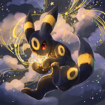 animal animal_focus black_fur cloud colored_sclera fang gen_2_pokemon looking_at_viewer momomo12 nilomne nintendo no_humans pokemon pokemon_(creature) pokemon_focus red_eyes red_sclera solo stars umbreon