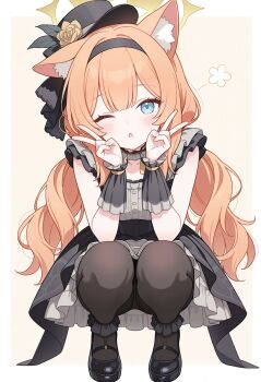 1girl absurdres animal_ear_fluff animal_ears bare_arms bare_shoulders blue_archive blue_eyes blush cat_ears commentary_request double_v drelegant5 flower frills hairband hands_up hat highres long_hair looking_at_viewer mari_(blue_archive) mary_janes mini_hat mini_top_hat one_eye_closed pantyhose pinstripe_pattern ribbon rose shoes skirt sleeveless solo squatting top_hat twintails v very_long_hair wrist_cuffs