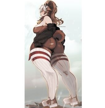 1girl 2025 absurdres artist_name ass black_sweater bodystocking breasts brown_hair brown_shoes chaichne chaimera_(chaichne) commentary cow_girl cow_horns cow_tail cowbell english_commentary female_focus from_behind from_below highres horns huge_ass long_hair looking_at_viewer medium_breasts monster_girl multicolored_hair off_shoulder original outdoors overcast plump ponytail purple_eyes rain shoes sideboob sideways_glance sky sleeves_past_fingers sleeves_past_wrists sneakers solo streaked_hair sweater tail thick_thighs thighhighs thighs wet wet_clothes white_hair white_thighhighs