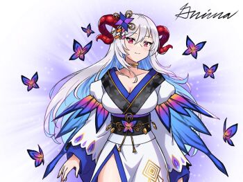Rule 34 | 1girl, alternate costume, breasts, bug, butterfly, cleavage, closed mouth, collarbone, colored inner hair, commentary, english commentary, fire emblem, fire emblem heroes, freyja (fire emblem), goat horns, grey hair, grimaisbestwaifu, hair between eyes, hair ornament, horns, insect, japanese clothes, kimono, large breasts, long sleeves, looking at viewer, multicolored hair, nintendo, obi, red eyes, sash, signature, smile, solo, thighs