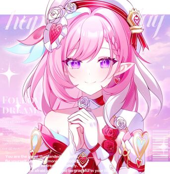 1girl beret breasts diamond-shaped_pupils diamond_(shape) dress earrings elf elysia_(hi_love_elf)_(honkai_impact) elysia_(honkai_impact) gloves happy_birthday hat heart heart_earrings highres honkai_(series) honkai_impact_3rd jewelry large_breasts long_hair looking_at_viewer multicolored_hair own_hands_together pink_hair pointy_ears purple_eyes red_dress single_glove smile solo su_jiujiu symbol-shaped_pupils two-tone_hair upper_body very_long_hair white_gloves white_hair