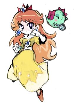 Rule 34 | 2girls, bow, bow (paper mario), brown hair, crown, dress, earrings, flower earrings, gloves, highres, holding, holding tennis racket, jewelry, long hair, mario (series), multiple girls, nintendo, paper mario, paper mario 64, princess daisy, racket, rakugaki shitagari-ya, red bow, simple background, smile, tennis racket, white background, white gloves, yellow dress
