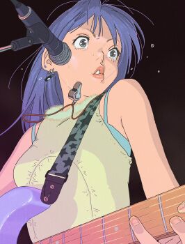 1girl bra bra_strap commentary dkswodbs96 ear_piercing earrings electric_guitar fingernails flying_sweatdrops fur_trim grey_eyes guitar guitar_strap highres instrument jewelry lips looking_afar microphone original parted_lips piercing purple_hair red_background simple_background sleeveless solo star_(symbol) star_print sweat symbol-only_commentary turning_head underwear upper_body whistle whistle_around_neck wide-eyed