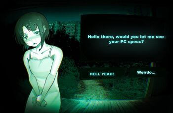 1boy 1girl apartment blush collarbone dress frown gameplay_mechanics green_theme hair_ornament hairpin hashtag-only_commentary iwakura_lain looking_at_viewer lower_teeth_only medium_hair night no_i&#039;m_not_a_human open_mouth outdoors pov_peephole serial_experiments_lain solo talking teeth wooden_porch zumpling