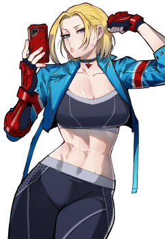 1girl abs absurdres black_pants black_sports_bra blonde_hair blue_eyes blue_jacket cammy_white flexing gloves highres holding holding_phone jacket pants phone ratatatat74 red_gloves selfie solo sports_bra street_fighter street_fighter_6 sweat white_background