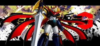 absurdres cape clenched_hands explosion ginga_no_kou glowing glowing_eyes highres holding holding_sword holding_weapon horns lightning looking_at_viewer mazinemperor_g mecha mecha_focus no_humans pilder robot shattered sky solo super_robot super_robot_wars super_robot_wars_v super_robot_wars_x sword weapon yellow_eyes