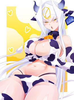 Rule 34 | 1girl, absurdres, alternate costume, animal ears, animal print, bell, bikini, blush, bombergirl, breast lift, breasts, cameltoe, cleavage, commentary request, covered erect nipples, cow ears, cow horns, cow print, cow print bikini, cow print gloves, cow print thighhighs, cowbell, cowboy shot, ear tag, fake animal ears, fake horns, gloves, grey horns, highres, horns, large breasts, long hair, looking at viewer, navel, neck bell, open mouth, print bikini, print gloves, print thighhighs, sasanowa, silva (bombergirl), solo, swimsuit, thighhighs, very long hair, white hair, yellow background, yellow eyes