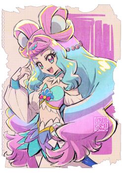 Rule 34 | 1girl, artist logo, bag, blue choker, blue eyes, blue hair, blue nails, blue tube top, bow, choker, cure la mer, detached sleeves, double bun, eyelash ornament, eyelashes, finger to head, frilled choker, frilled skirt, frilled tube top, frills, gem, hair bun, hair ornament, kamikita futago, laura la mer, layered skirt, logo, long hair, long sleeves, magical girl, midriff, multicolored eyes, multicolored hair, multicolored skirt, nail polish, open mouth, paper background, pearl (gemstone), pearl hair ornament, pink background, pink bow, pink eyes, pink hair, pink tube top, precure, puffy long sleeves, puffy sleeves, seashell, second-party source, shell, skirt, smile, sphere hair ornament, strapless, swept bangs, teeth, thick eyebrows, tropical-rouge! precure, tube top, two-tone eyes, two-tone hair, upper teeth only, very long hair, white sleeves