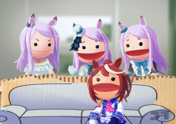 2girls absurdres ascot asymmetrical_gloves bare_shoulders black_gloves bow brown_hair casting_couch commentary couch ear_bow epaulettes gloves hat high_ponytail highres imminent_gangbang jacket jtleeklm long_hair mejiro_mcqueen_(end_of_the_skies)_(umamusume) mejiro_mcqueen_(ripple_fairlady)_(umamusume) mejiro_mcqueen_(umamusume) meme mini_hat mini_top_hat mismatched_gloves multicolored_jacket multiple_girls multiple_persona official_alternate_costume open_mouth pink_ascot piper_perri_surrounded_(meme) ponytail puppet purple_hair signature single_epaulette surrounded swept_bangs tilted_headwear tokai_teio_(umamusume) top_hat two-tone_jacket umamusume white_gloves