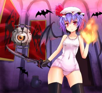 1girl alternate_costume bad_id bad_pixiv_id bare_shoulders bat_(animal) black_thighhighs female_focus gloves one-piece_swimsuit portal portal_(series) portal_1 portal_2 purple_hair red_eyes remilia_scarlet school_swimsuit short_hair slit_pupils solo space_core sumapan swimsuit sword the_elder_scrolls the_elder_scrolls_v:_skyrim thighhighs touhou valve weapon white_school_swimsuit white_one-piece_swimsuit wings