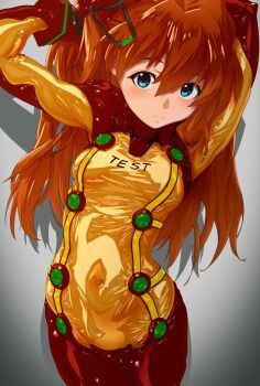 1girl :&gt; aoico_blue8 arms_up blue_eyes bodysuit breasts comb curvy evangelion:_2.0_you_can_(not)_advance long_hair looking_at_viewer mecha_pilot_suit multicolored_bodysuit neon_genesis_evangelion plugsuit_(evangelion) rebuild_of_evangelion red_bodysuit shiny_clothes simple_background smile solo souryuu_asuka_langley standing test_plugsuit_(evangelion) two_side_up wide_hips