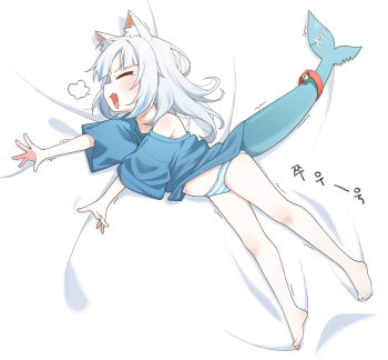 1girl absurdres animal_ears bare_legs barefoot bell blue_hair blue_nails blue_shirt blush cat_ears closed_eyes collarbone commentary_request feet fins fish_tail from_above from_side full_body gasp gawr_gura highres hololive hololive_english korean_commentary loli long_hair loose_clothes loose_shirt lying mixed-language_commentary multicolored_hair nail_polish navel no_pants on_side open_mouth outstretched_arms panties shark_girl shark_tail shirt short_sleeves solo streaked_hair stretching striped_clothes striped_panties tail tail_bell tail_ornament teardrop toenail_polish toenails ugaaaa1 underwear virtual_youtuber white_hair yawning