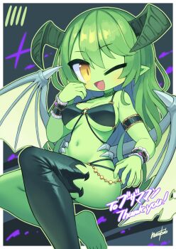 1girl :d breasts colored_skin commentary_request commission green_hair green_horns green_skin green_wings highres horns large_breasts long_hair looking_at_viewer nanatsuta navel one_eye_closed open_mouth orange_eyes original pointy_ears skeb_commission smile solo thighhighs wings