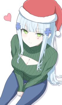 1girl alternate_costume blue_hair blue_pants breasts cleavage_cutout clothing_cutout commentary_request from_above girls'_frontline girls'_frontline_2:_exilium green_eyes green_sweater hair_ornament hat heart highres hk416_(girls'_frontline) klukai_(girls'_frontline_2) large_breasts long_sleeves looking_up pants red_hat ribbed_sweater santa_hat sidelocks simple_background sitting sleeves_past_wrists smile solo sweater teardrop_facial_mark turtleneck turtleneck_sweater uchikata_takeaki white_background