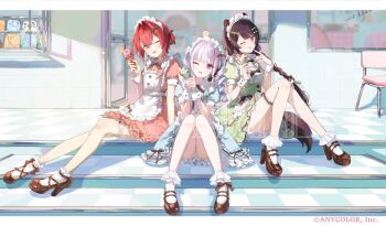 Rule 34 | 3girls, ai scream! (love live!), ange katrina, animal, animal ears, animal hair ornament, animal on head, apron, arm support, banken (inui toko), bird, bird on head, bloomers, blue bow, blue dress, blue eyes, blue hair, blue nails, blush, bobby socks, bow, bowtie, braid, brown bow, brown bowtie, brown hair, brown shoes, brown tail, checkered floor, closed mouth, commentary request, copyright notice, crossed bangs, dog ears, dog girl, dog tail, dress, fffafa daifuku, finger to mouth, frilled apron, frilled dress, frilled socks, frilled thigh strap, frills, green ribbon, group picture, hair between eyes, hair bow, hair intakes, hair ornament, hair ribbon, hand up, hands up, heart, heart hair ornament, high heels, holding, holding ice cream cone, ice cream cone, inui toko, knee up, legs, letterboxed, lize helesta, long hair, looking at viewer, low twin braids, maid, maid apron, maid headdress, mandragora (ange katrina), monocle, multicolored hair, multiple girls, nail polish, name tag, nijisanji, official alternate costume, official art, on head, one eye closed, open mouth, own hands together, pink dress, pink nails, pinstripe dress, pinstripe pattern, puffy short sleeves, puffy sleeves, purple eyes, red eyes, red hair, ribbon, ribbon braid, ringlets, sample watermark, sanbaka (nijisanji), sebastian piyodore, shoes, short dress, short sleeves, sidelocks, sitting, smile, socks, song name, split mouth, stairs, streaked hair, swept bangs, tail, thigh strap, twin braids, twintails, two-tone hair, underwear, very long hair, virtual youtuber, watermark, white apron, white bloomers, white hair, white headdress, white socks, white wrist cuffs, wrist cuffs