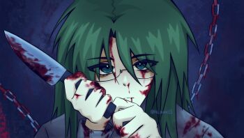 1girl artist_name asougi_rin blood blood_on_clothes blood_on_face bloody_knife chain expressionless glasses green_eyes green_hair highres knife long_hair looking_at_viewer mnemosyne solo sweater
