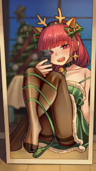 1girl :d absurdres bell black_collar bocchi_the_rock! brown_pantyhose collar commentary_request crossed_ankles dress green_dress hakai_no_ika highres hiroi_kikuri indoors knees_up long_hair mirror mirror_selfie nail_polish neck_bell no_shoes open_mouth panties panties_under_pantyhose pantyhose red_eyes red_hair selfie sharp_teeth sitting smile solo teeth toenail_polish toenails underwear