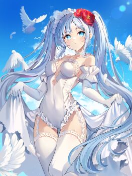 1girl absurdres auro_drm bird blue_eyes blush breasts choker cleavage cleavage_cutout closed_mouth clothes_lift clothing_cutout cloud cloudy_sky commentary day dove dress dress_lift elbow_gloves english_commentary flower frilled_leotard frills garter_straps gloves hair_flower hair_ornament highres lace_trim lens_flare leotard light_particles long_hair looking_at_viewer maid_headdress medium_breasts original outdoors skirt_hold sky solo sunlight thighhighs train_(clothing) twintails wedding_dress white_choker white_gloves white_hair white_thighhighs