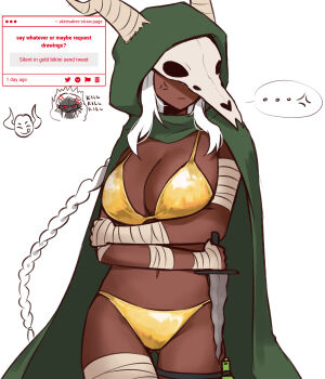 ... 1girl absurdres aki_(xdd) anger_vein animal_skull bandages bikini braid breasts cleavage cloak commentary cowboy_shot dagger dark-skinned_female dark_skin english_text gluteal_fold gold_bikini green_cloak highres holding holding_dagger holding_knife holding_weapon knife large_breasts long_hair mask navel simple_background skull_mask slay_the_spire solo speech_bubble spoken_anger_vein spoken_ellipsis swimsuit the_silent_(slay_the_spire) thigh_gap thigh_strap very_long_hair weapon white_background white_hair