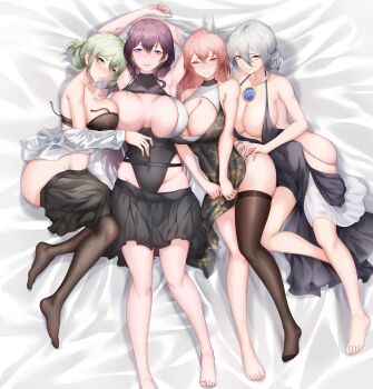 4girls absurdres animal_ear_fluff animal_ears armpits arms_behind_head bare_shoulders barefoot black_bra black_dress black_leotard black_pantyhose black_skirt blue_dress blush bra breasts china_dress chinese_clothes chinese_commentary clothes_pull commentary covered_navel de_lacey_(neural_cloud) dress embarrassed eos_(argent_bergamasque)_(neural_cloud) eos_(neural_cloud) full_body girls&#039;_frontline girls&#039;_frontline_neural_cloud green_hair grey_eyes grey_hair hair_ornament hand_on_another&#039;s_thigh highres jewelry large_breasts legs leotard long_hair looking_at_viewer lying medium_breasts medium_hair multiple_girls necklace official_alternate_costume on_bed open_clothes open_mouth open_shirt pantyhose parted_lips persicaria_(neural_cloud) pink_hair presenting_armpit purple_eyes purple_hair red_eyes sangoma_(neural_cloud) school_uniform shirt shirt_pull sideboob sidelocks simple_background single_thighhigh skirt skirt_pull star-shaped_pupils star_(symbol) symbol-shaped_pupils thatob thighhighs thighs underwear white_shirt yellow_eyes