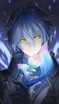 1boy black_capelet black_gloves blue_fire blue_hair capelet closed_mouth collared_capelet commentary_request double-parted_bangs fire flins_(genshin_impact) flower genshin_impact gloves gradient_hair highres holding holding_flower looking_at_viewer male_focus multicolored_hair nbsktool shirt smile solo upper_body watermark wing_collar yellow_eyes