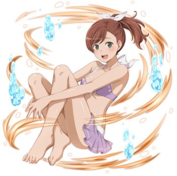 1girl bare_shoulders blush brown_hair collarbone dungeon_ni_deai_wo_motomeru_no_wa_machigatteiru_darou_ka elfy_colette full_body green_eyes highres official_art ponytail shiny_skin simple_background smile solo swimsuit swimsuit_skirt sword_oratoria transparent_background water