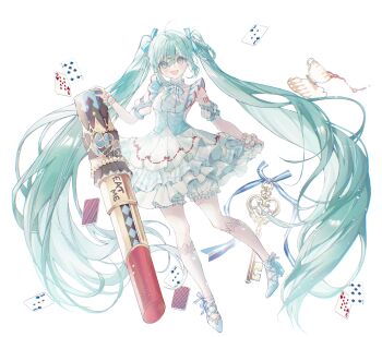 1girl :d absurdres aqua_corset aqua_eyes aqua_hair aqua_shoes bloomers blush bow bowtie braid card commentary_request corset cosmetics cross-laced_clothes cross-laced_dress cup dress floating floating_object footwear_bow frilled_dress frilled_wrist_cuffs frills full_body hair_between_eyes hair_bow hair_ornament hatsune_miku high_heels highres holding holding_lipstick_tube key layered_dress lipstick_tube liquid long_hair looking_at_viewer number_tattoo open_mouth plate shoes shoulder_tattoo simple_background skirt_hold sleeveless sleeveless_dress smile solo standing standing_on_one_leg strappy_heels striped_bow striped_bowtie striped_clothes tattoo teacup twintails underwear very_long_hair vocaloid white_background white_bloomers white_dress wrist_cuffs yu_jiang_(kozakana)