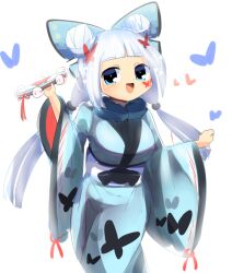 Rule 34 | 1girl, :d, blue eyes, blue kimono, blue sash, blunt bangs, blush, breasts, bug, butterfly, character request, commentary request, cowboy shot, double bun, hair bun, heart, insect, instrument, japanese clothes, kimono, large breasts, lets0020, long hair, looking at viewer, low twintails, medium bangs, obi, onmyoji, open mouth, red butterfly, sash, simple background, smile, solo, tambourine, twintails, white background, white hair, wide sleeves