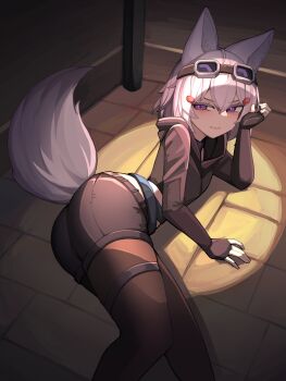 1girl absurdres animal_ear_fluff animal_ears ass belt black_gloves black_shorts breasts brown_pantyhose commentary english_commentary fingerless_gloves fox_ears fox_girl fox_tail gloves goggles goggles_on_head hair_between_eyes hair_ornament highres hood hoodie long_sleeves looking_at_viewer lying on_side pantyhose phase_connect purple_eyes short_hair shorts small_breasts solo spotlight tail tenma_maemi thief virtual_youtuber white_hair yuu_azma